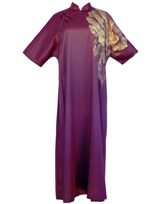 Limited Piece | Luxurious Mulberry Silk | Hand-Painted Golden Peony Maxi Dress | Premium Red Xiangyunsha Fabric