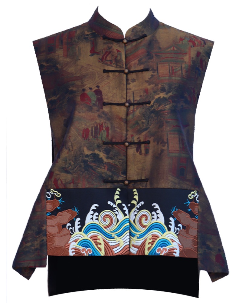 Mulberry Silk Embroidery Leisure Vest  | Handcrafted Fasteners | Retro Cloud Brocade