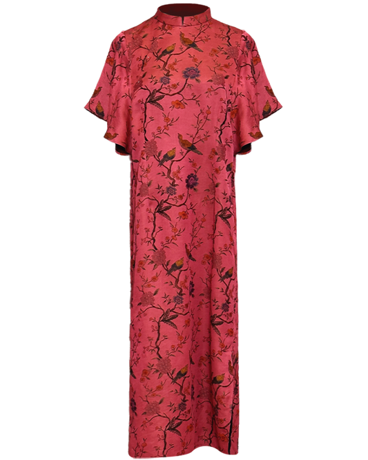 Luxurious Mulberry Silk Midi Dress | Cape-style Sleeve Qi Pao | Premium Xiangyunsha Fabric